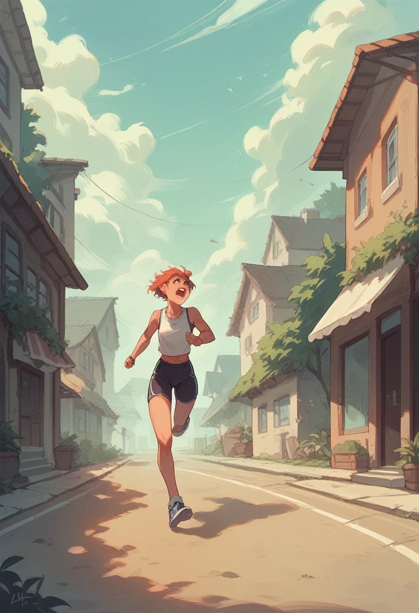realistic Japanese woman running and screaming in panic wearing mini skirt