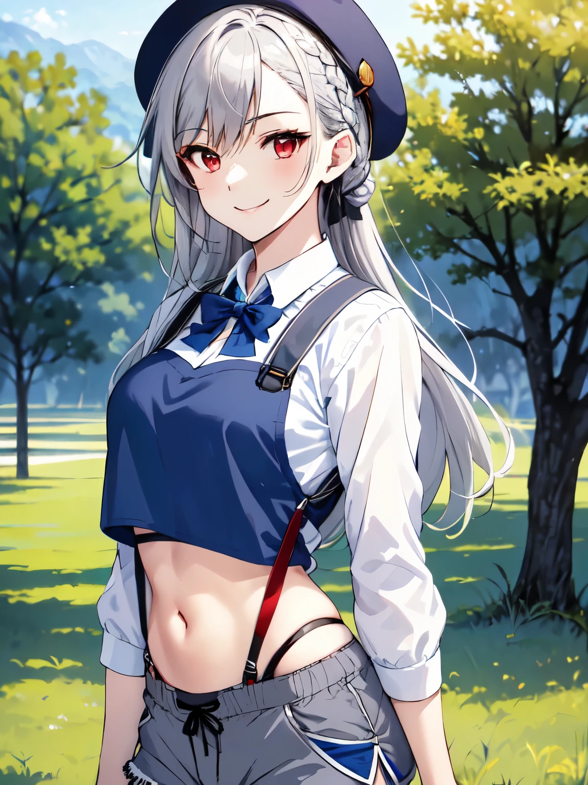 2D, masterpiece, Highest quality,Smiling、 anime,Inglis.Eucus, Very detailed, Cowboy Shot,Silver Hair、Red eyes、 One girl, alone, subaru_suspenders, subaru_suspenders, French Braid, Blue jacket, Grey Shirt, Black bow tie, star \(symbol\), (Blue shorts, abdomen:1.3), Grey hat, Grey socks, Are standing, Outdoor, smile 