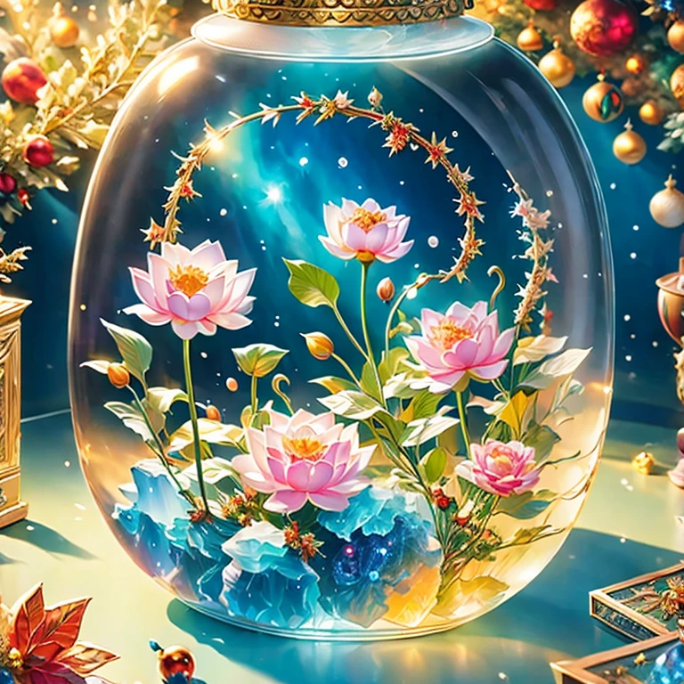 (La best quality,high resolution,Very detailed,Practical)，Jelly Lotus，in the room，Christmas decoration，surrounded by christmas gifts，A masterpiece full of fantasy elements）））， （（best quality））， （（Intricate details））（8K）