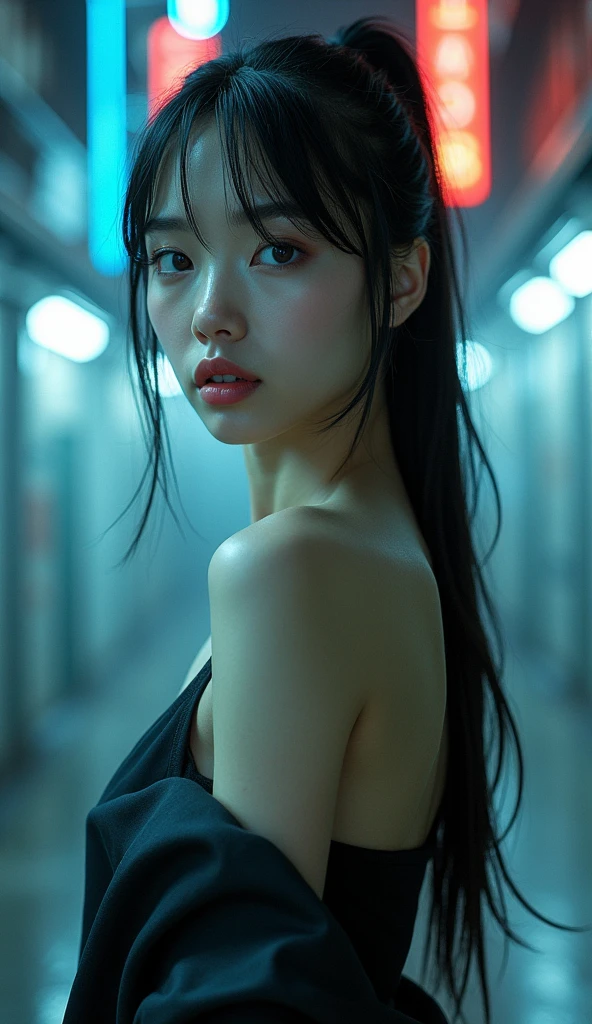 photorealism, realism, movie matrix, cyberpunk game, (naked slim beautiful ideal girl model appearance (girl in frame full length)), Blue eyes, pink lips, Ponytail, The perfect masterpiece.