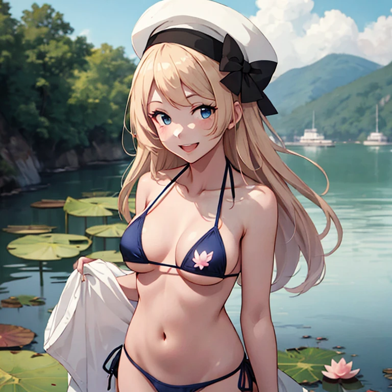 jervis_kantaicollection,
blonde_hair, long_hair, blue_eyes, hat, white_headwear, sailor_hat, smile, open_mouth,
 (masterpiece:1.4),(best quality:1.4), (premium:1.4), (great illustration:1.4), (ultra-detailed:1.4),(art CG, 8K),1girl,solo,KonishiCSA,
(microbikini:1.4),(lotus:1.4),lake,