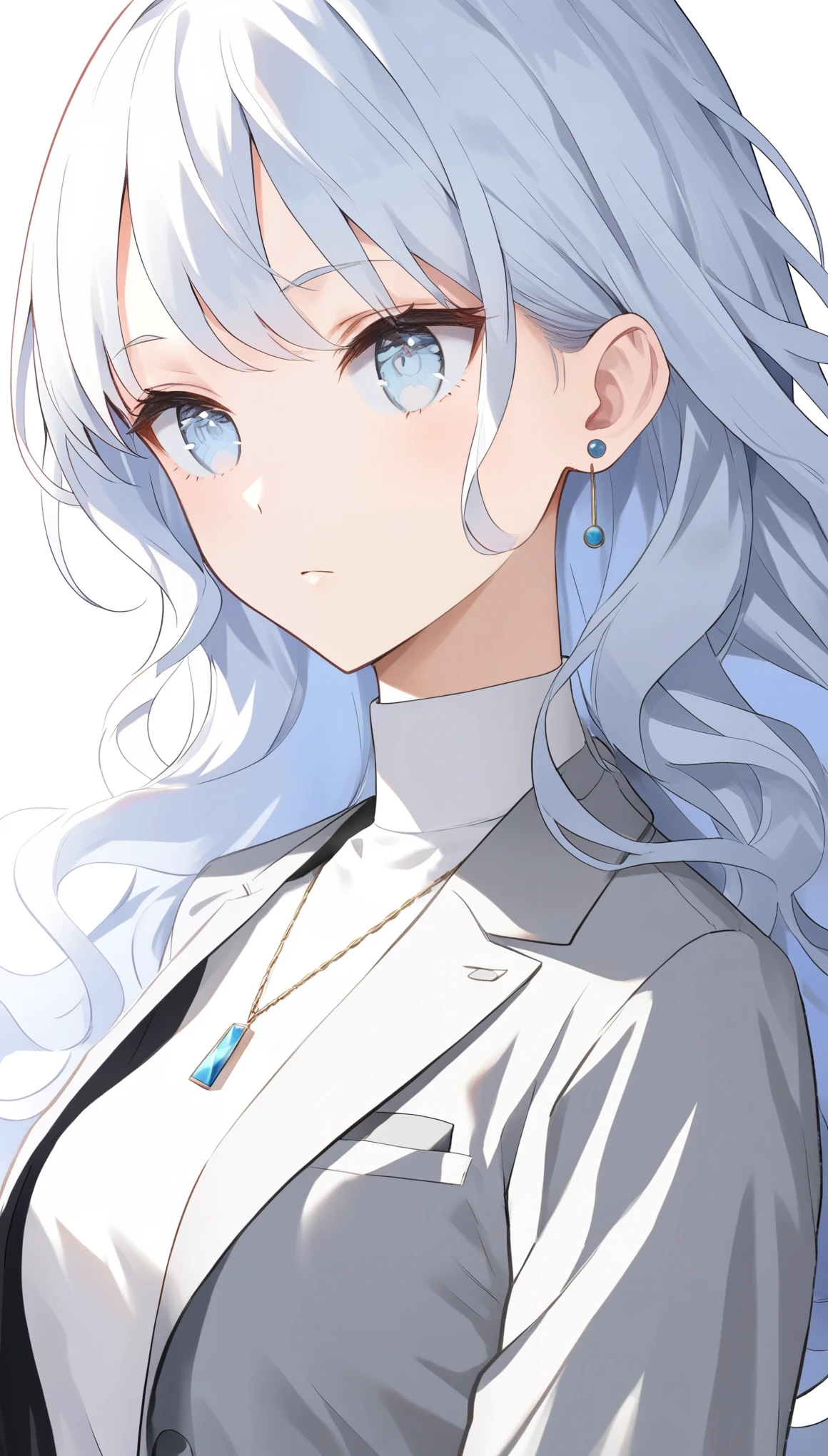 {{masterpiece}}, The best quality of life, Ultra-high resolution, Highest quality, 4K, 8k,Attention to detail,((White long hair、Wavy Hair Styles)) One Woman、Small breasts、((Perfect light blue eyes))(White turtleneck、Grey suit）、pendant、Small earrings ,((White background))、Expressionless、Upper Body、Watching Me