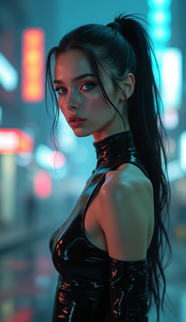 photorealism, realism, movie matrix, cyberpunk game, (naked slim beautiful ideal girl model appearance (girl in frame full length)), Blue eyes, pink lips, Ponytail, The perfect masterpiece.