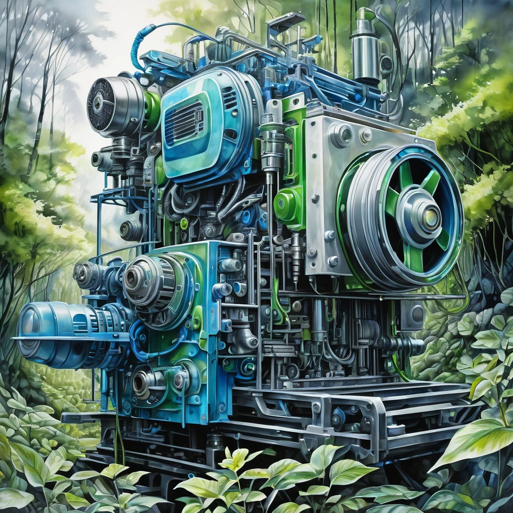 fusion of acrylic and watercolor paintings, (beautiful fusion of blue and green) and grey, finger painting artwork, exposed machines and machine parts drawn in grey, civilization blossoming and encroaching on forests and oceans, delicate and dynamic textures, contrasts of light and shadow, 2.5D, artistic photography, hyper realistic, ultra detailed, absolutely resolution, best quality