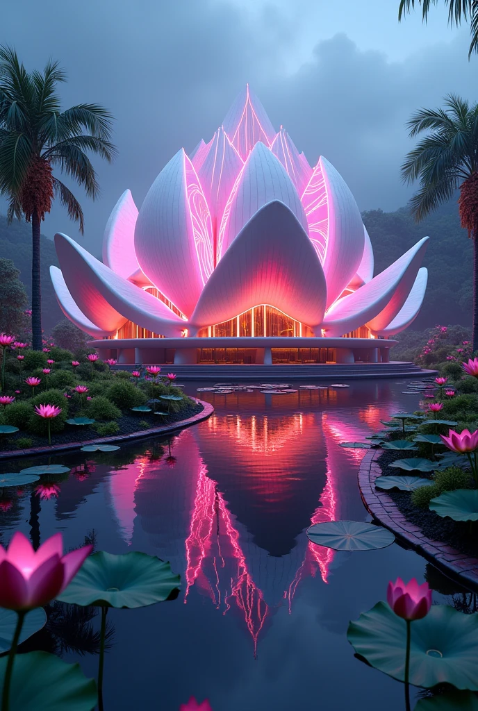 A lotus shaped futuristic building, cyberpunk architecture, neon lights, lotus pond, 8k, hyper detailed, cinematic lighting, photorealistic, dramatic atmosphere, vibrant colors, stunning visuals, intricate details, architectural masterpiece, cutting-edge design, glowing neon accents, serene water reflection, lush vegetation, mesmerizing sci-fi environment, breathtaking composition