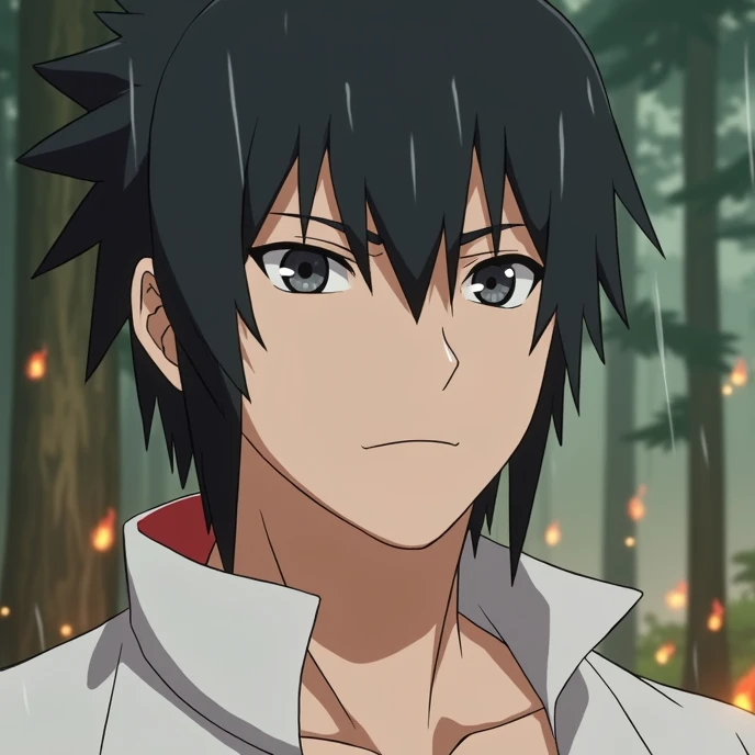 Closeup portrait, Uchiha Sasuke stand alone in the jungle, rainy sky, scattered fire, 4K, Anime, kishimoto, shonin Manga, Naruto Shippuden character, wearing a long jacket, long shinny hair, glamorous colors, 8K imaginative, deep learning, AI enhanced edition, beat productivity,