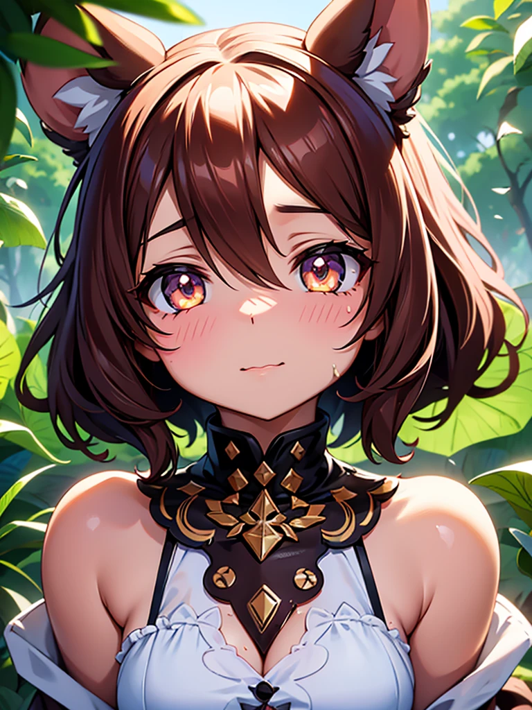 One Girl, (Chiquita:1.2), One Girl, sarashina_hand, short hair, Black Hair,
(Close-up shot, Highest quality, High resolution, 4K, Detailed lighting, Shaders, ),
White off-shoulder frill shirt, Strapless, Cleavage, Shorts,
smile, Sweat, Nipples,
plein air, garden,