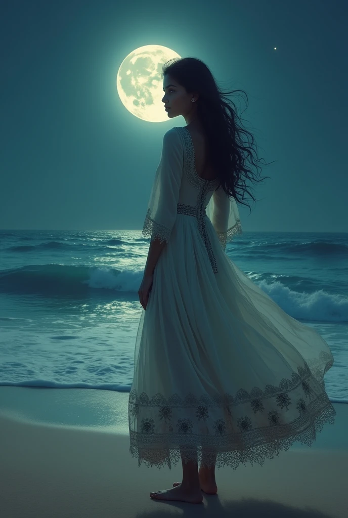 1girl, 20 years old,slim,prette,faeries,back view, (moonlight:1.3), (seaside:1.4), romantic atmosphere, beautiful night scene, full body, medium shot