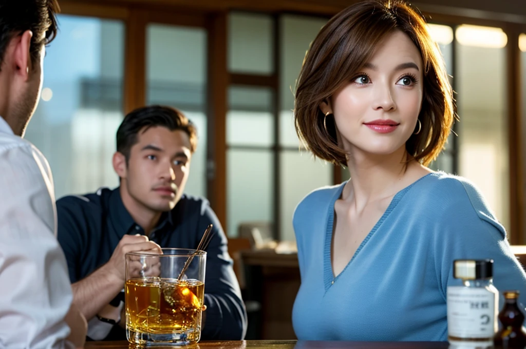 (Realistic, 超Realistic:1.4), 16k hdr, High resolution,Brown short hair,The best smile、Handsome、Japanese actress,Super Beauty(Like the real thing),Short sleeve dress,Whiskey bottles、The Macallan、Johnnie Walker、、Old Parr、whiskey、Suntory、Nikka、Slim couple、Model Couple、(Realistic, Intricate details:1.2), full-course dinner、Whiskey bottle and glass on the table、Single Malt、scotch、Rocks glass、Shot Glass、Whisky on the Rock、Scotland、Amazing view of the sunset sky and clouds、,Digital single-lens reflex camera, Soft lighting, Detailed Background, Written boundary depth, Volumetric lighting, Sharp focus, super Realistic 肌,super beautiful expression,Cloud Effect:1.2、プロ品質のHigh resolution、Realistic facial features,Highest quality,Slim figure,Highly detailed face,Highly detailed eyes,Beautiful Lips,Excellent light particles,Cinema Lighting,blue eyes,