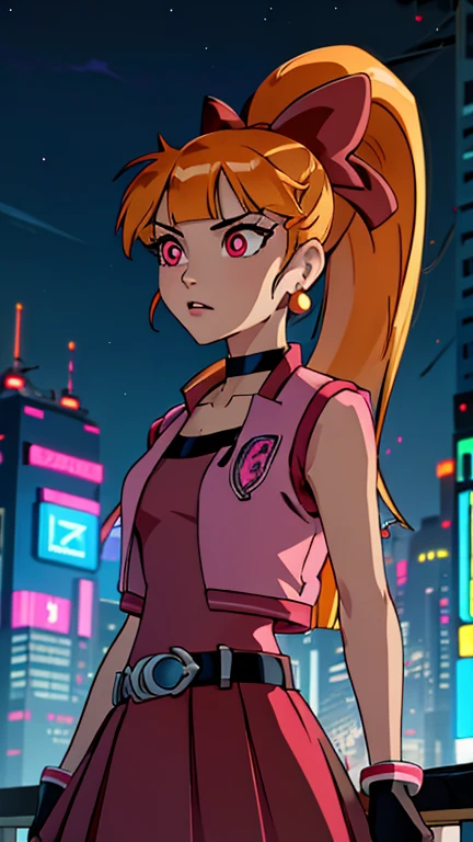 (Teens:1girl: ppgzbs), (extremely detailed CG unit 8k wallpaper),(master part), (best quality), (ultra detail), (best illustration),(city-scene-aso), cowboy shot, (Sharp eyeliner, ombre, detailed eyes:1), vivid color, night, neon light, cyberpunk city, outdoor, ,break , (jeffmatsuda), upper body, red eyes, long orange hair, ponytail, hair bow, blunt bangs, earrings, black choker, pink vest, red skirt, belt