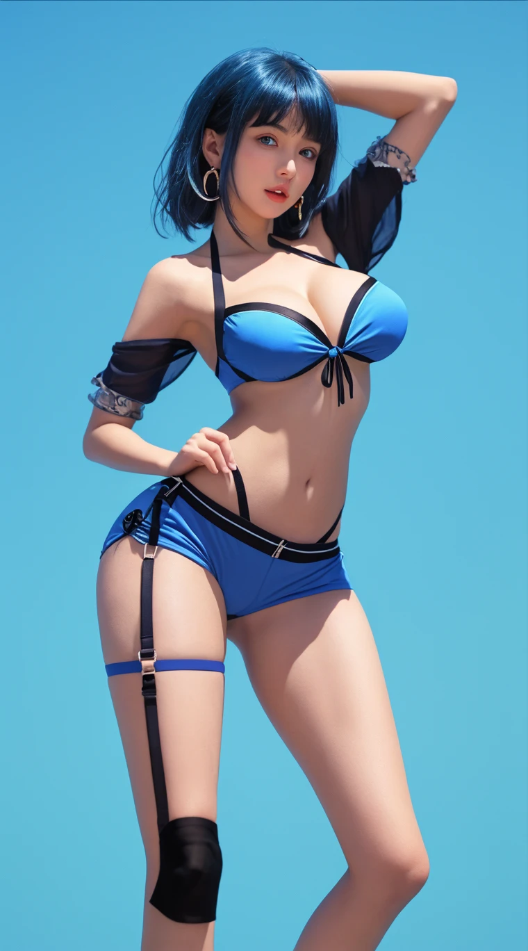 (Photo:1.3), highdetail, Chi-Chi, 1girl, solo, Smile, (acclaimed, alluring, captivating, exciting, gorgeous, striking:1.3), (trending on artstation:1.3), bikini, front-tie top, suspenders, thigh holster, torn pantyhose,