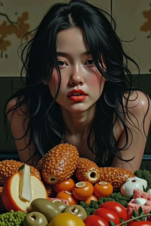 Kelly Hu (age 25), sheer negligee (no underwear), eating a donut crumbs fallen on her breasts, morning sun. dining room with many large windows