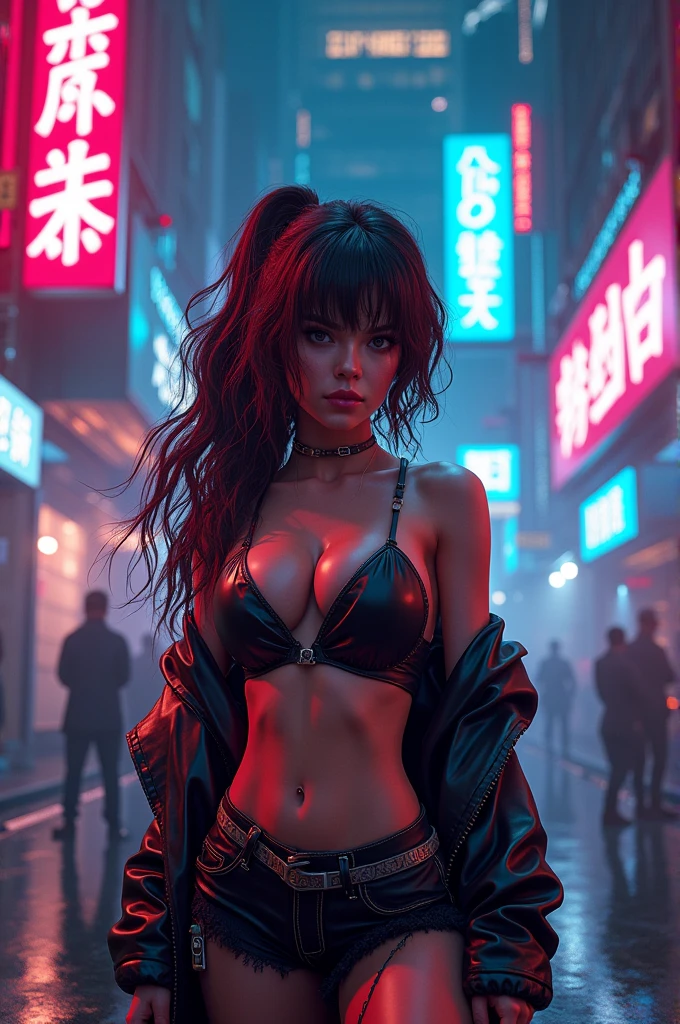 beautiful young woman, Full body image, schwarzes Haar, Perfekte Proportionen, big boobs, firm breasts, lange Beine, Perfekte Haut, shinny skin, schmale Taille, wide hips, Breite Oberschenkel, She is wearing a red bolero jacket, ein rotes Bikinioberteil, ein roter Minirock, Sie bedient ein Computerterminal, Ihre Haltung ist provokativ, Ihr Blick in die Kamera ist herausfordernd, Die Kamera nimmt einen niedrigen Standpunkt ein, Es regnet, Wolkenkratzer im Hintergrund, viele Leuchtreklamen, Megacity, Tokio, Manhattan, viel buntes Neonlicht, super sexy, super detailliert, UHD resolution, Ultrarealistische Details, Cyberpunk-Kunst, Anime-Kunst, ..3d, Globales Licht, Ultrarealistische Reflexionen, Ultrarealistische Schatten