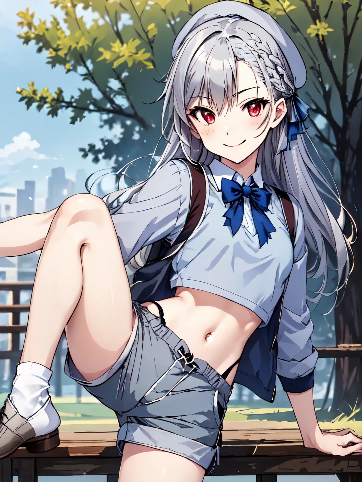 2D, masterpiece, Highest quality,Smiling、Raising my leg、 anime,Inglis.Eucus, Very detailed, Cowboy Shot,Silver Hair、Red eyes、Closed Mouth、 One girl, alone, subaru_suspenders, subaru_suspenders, French Braid, Blue jacket, Grey Shirt, Black bow tie, star \(symbol\), (Blue shorts, abdomen:1.3), Grey hat, Grey socks, Are standing, Outdoor, smile 、Kick