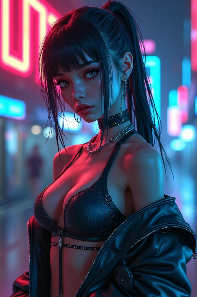 (masterpiece, Highest quality:1.2, High resolution), Cowboy Shot, alone, One girl, Blue Girl, Huge breasts, Cleavage, Underbust, smile, Are standing, Very good, Off-the-shoulder shirt with exposed nipples, (Strapless:1.2), Crop top overhang, Clothes writing, Short sleeve, Fingerless gloves, belly button, abdomen, Colorful Skirts, Plaid microskirt, Bare thighs, Leather boots, choker, Lock, Exposing shoulders, Outdoor, night, Modern city,