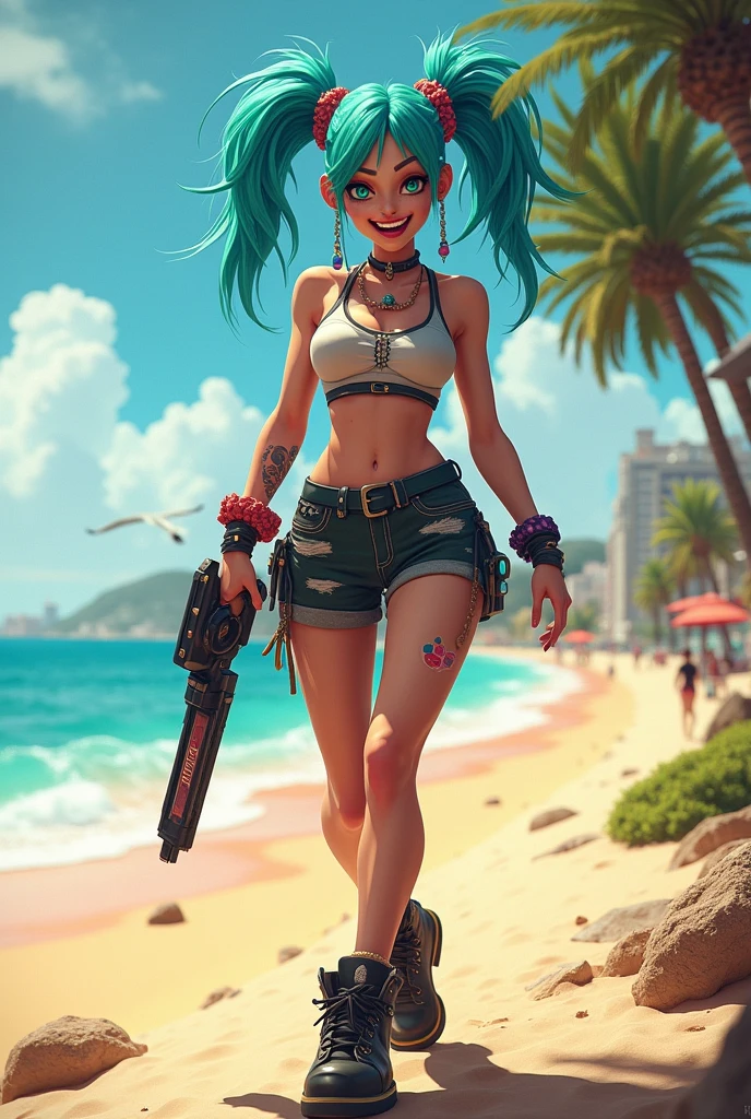 Arcane, Jinx, blue colored eyes, Braid, hair blue, ahegao, ((black bandeau bikini)), tilt your head, cowboy shot, ((gun sign)), coxas nuas, 1 girl, alone, salient smile, gazing at viewer, ((whole body)), 正面, pose, best qualityer, no flaws