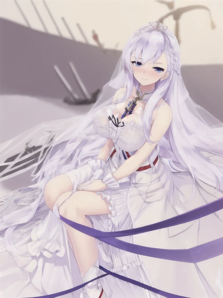 belfast \(azur lane\),((masterpiece)),(((best quality))),((ultra-detailed)),((illustration)),((disheveled hair)),((frills)),(1 girl),(solo), 1girl, long hair,chinese clothes, pelvic curtain, breast curtain, see-through, blush, sitting, knee up, covered nipples,night,score_9, score_8_up, score_7_up, source_anime,silver hair,blue eyes,