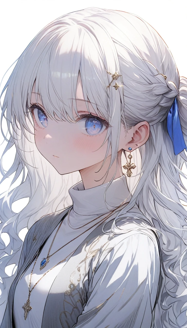 {{masterpiece}}, The best quality of life, Ultra-high resolution, Highest quality, 4K, 8k,Attention to detail,((White long hair、Wavy Hair Styles)) One Woman、Small breasts、((Perfect light blue eyes))(White turtleneck、Grey suit）、pendant、Small earrings ,((White background))、Expressionless、Upper Body、Watching Me