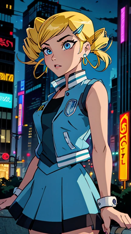 (Teens:1girl: ppgzbb), (extremely detailed CG unit 8k wallpaper),(master part), (best quality), (ultra detail), (best illustration),(city-scene-aso), cowboy shot, (Sharp eyeliner, ombre, detailed eyes:1),vivid colors, neon light, night, cyberpunk city, outdoor ,break , (jeffmatsuda), upper body, blue eyes, blonde hair, twin drills, hairclip, earrings, vest, blue skirt, short skirt