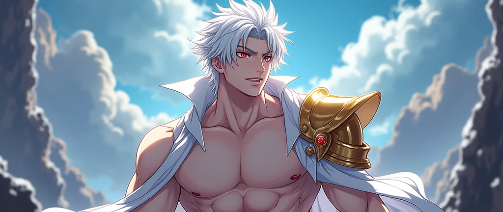 masterpiece, best quality, realistic, 1man, tall muscular guy, skinny muscular body, broad shoulders, handsome, perfect face, silver hair:1.5, angular jaw, red eyes, extremely detailed eyes, relaxed lips, big arms, revealing clothes, animal_collar, open chest, treditional wear, glow gold particles,  hard shadows, first view, Sunlight, abstract background,  <lora:betterLight_v10:0.5>, <lora:EnhancedBacklighting_v10:0.7>, <lora:oselottiStyleForNAI_v10:0.3>