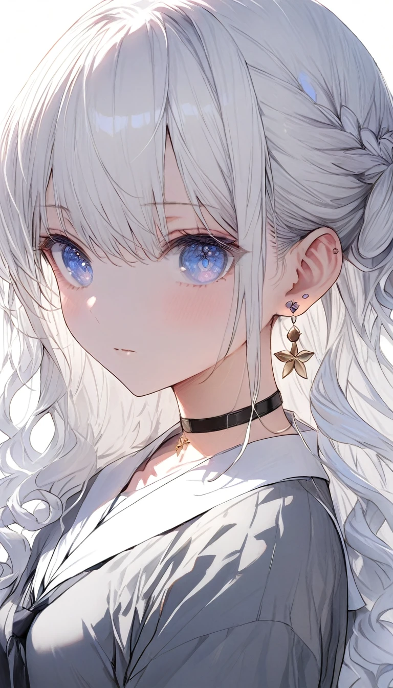 {{masterpiece}}, The best quality of life, Ultra-high resolution, Highest quality, 4K, 8k,Attention to detail,((White long hair、Wavy Hair Styles)) One Woman、Small breasts、((Perfect light blue eyes))(White shirt、Grey suit）、choker、Small earrings ,((White background))、Expressionless、Upper Body、Watching Me