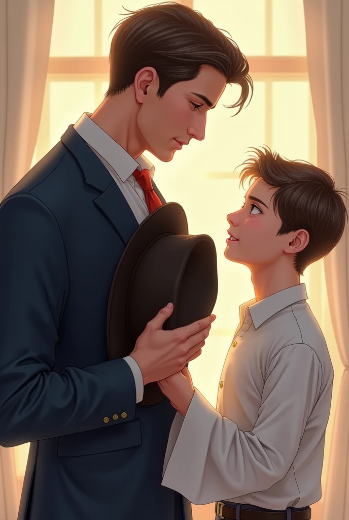 A man in a suit hugging a boy in a suit.