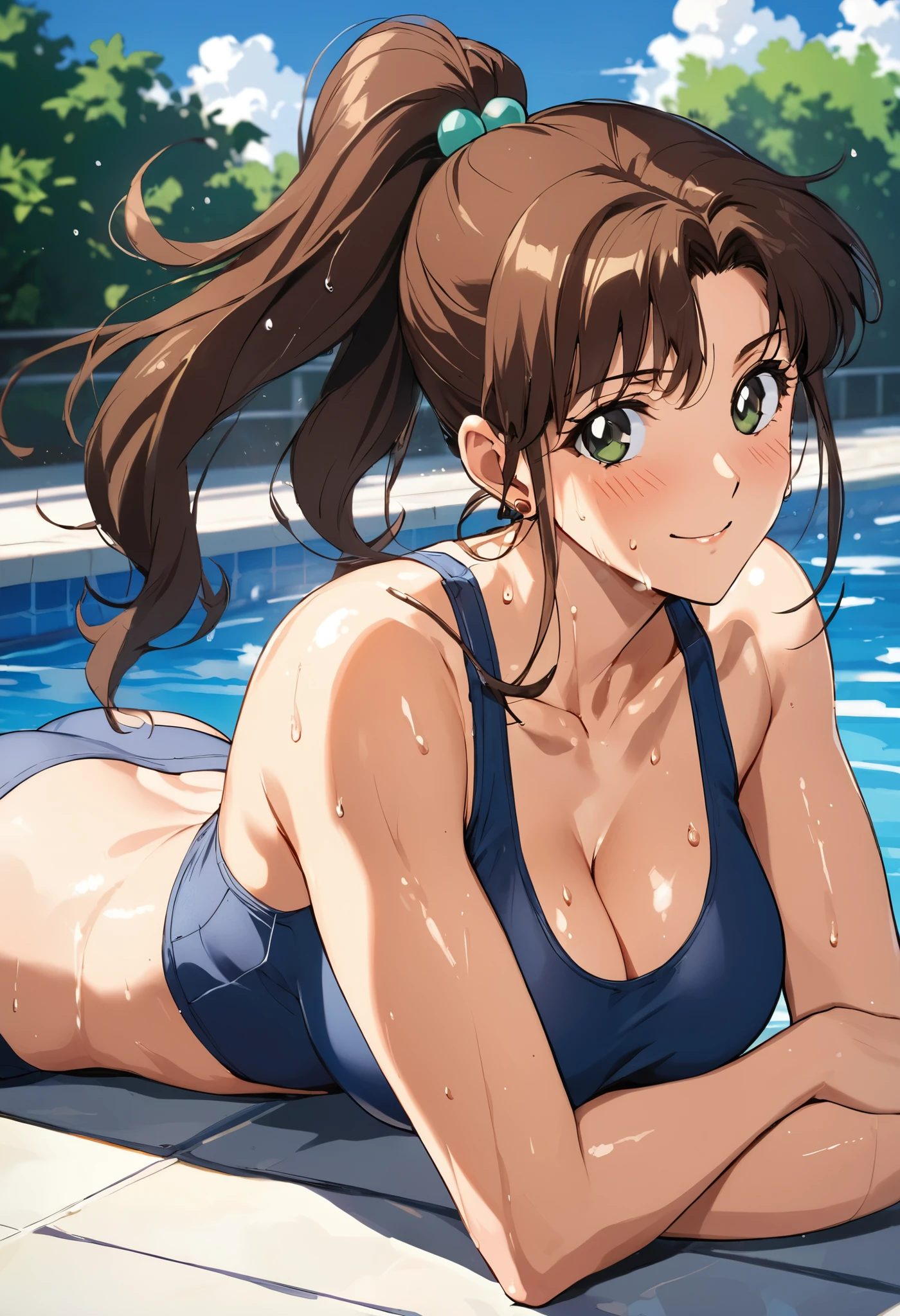 masterpiece, Highest quality, High resolution, (Makoto Kino),1990s \(style\),height: 175cm, Brown long hair,ponytail、 sexlyな長い脚,,School Swimsuit,blue sky,Poolside,(E-cup beautiful breasts)、Sweating all over the body、vapour、muscular、sexly,smile、Expression of joy、Sweaty、Front view、solo,Anime-style painting style,A composition that focuses on the whole body、Prone,Cinematic lighting,Superfine,