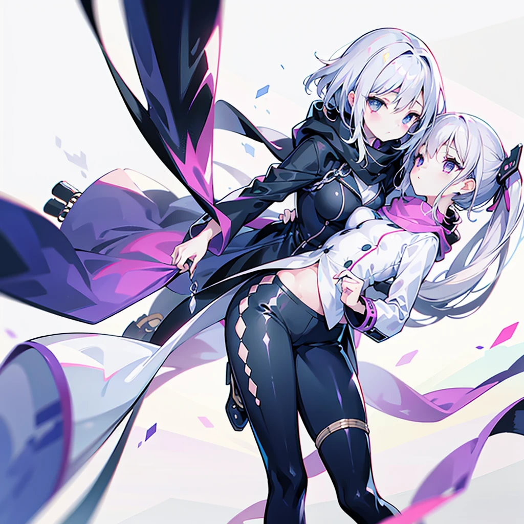 ((Couple with a girl:1.3)),Best Quality, Ultra High Resolution, Cute, (KPOP Idol), (Long Twintail), (Light Purple Hair:1), ((Big Eyes)), Looking at you,
BREAK ((upper body:1.3)), Front View,A character with long, flowing silver hair and a slender build, wearing a black and white outfit that includes thigh-high boots and gloves. The character is in a dynamic pose surrounded by ethereal purple crystals and energy,
The character is in a dynamic pose surrounded by ethereal purple crystals and energy,A character with long, flowing purple hair, wearing a metallic top and black shorts with thigh-high boots. The outfit includes straps and belts, giving it a futuristic or fantasy style. The character is in a dynamic pose with radiant light or energy surrounding them, set against a minimalistic abstract background,