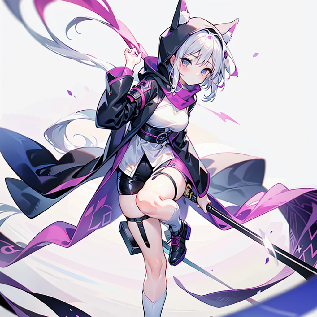 Light blue long hair, purple oversized hoodie, pink eyes, female, two-dimensional beautiful girl, white fox ears and tail, white miniskirt, tights on one side, long black boots
