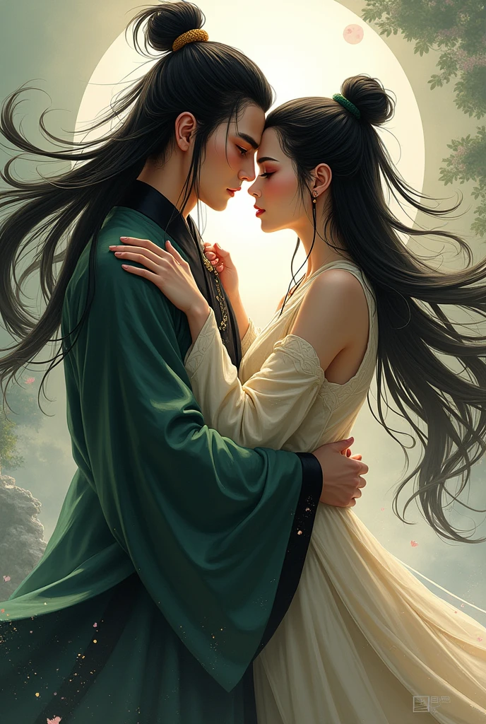 NSFW, sexy, erotic, adult, A fairytale and romantic illustration brimming with romance, where love and deception are two sides of the same coin, divided into two halves using the technique of chiaroscuro to contrast a happy romance with dark deceit, featuring a Japanese woman deeply in love with an expression of bliss and adoration surrounded by soft colors and a glowing magical atmosphere on one side, and a Japanese man with a cunning smile and deceptive eyes in a shadowy sinister setting on the other, with the woman's side filled with flowers and light, the man's side filled with shadows and dark twisted shapes, in a realistic anime style with expressive faces and intricate details, including elements such as a magical castle in the background on the bright side and dark twisted trees on the dark side