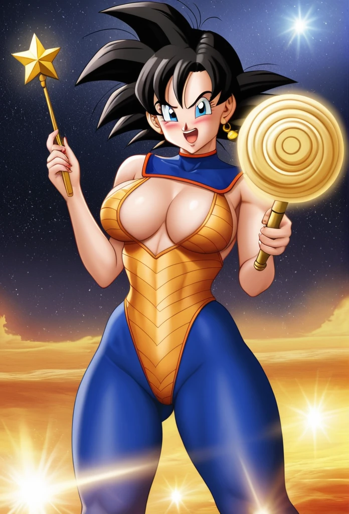 centered, award winning upper body portrait, cowboy shot, (looking at viewer:1.2), | solo, standing, smile, smug, Caulifla_DB,  bare shoulders naked , | space, stars, planet, | bokeh, depth of field, cinematic composition, |  dynamic pose,, Naked , no clothes