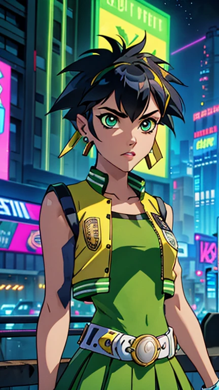 (Teens:1girl: ppgzbtc), (extremely detailed CG unit 8k wallpaper),(master part), (best quality), (ultra detail), (best illustration),(city-scene-aso), cowboy shot, (Sharp eyeliner, ombre, detailed eyes:1),vivid colors, neon light, night, cyberpunk city, outdoor, ,break , (jeffmatsuda), upper body, green eyes, short hair, earrings, yellow vest, green skirt