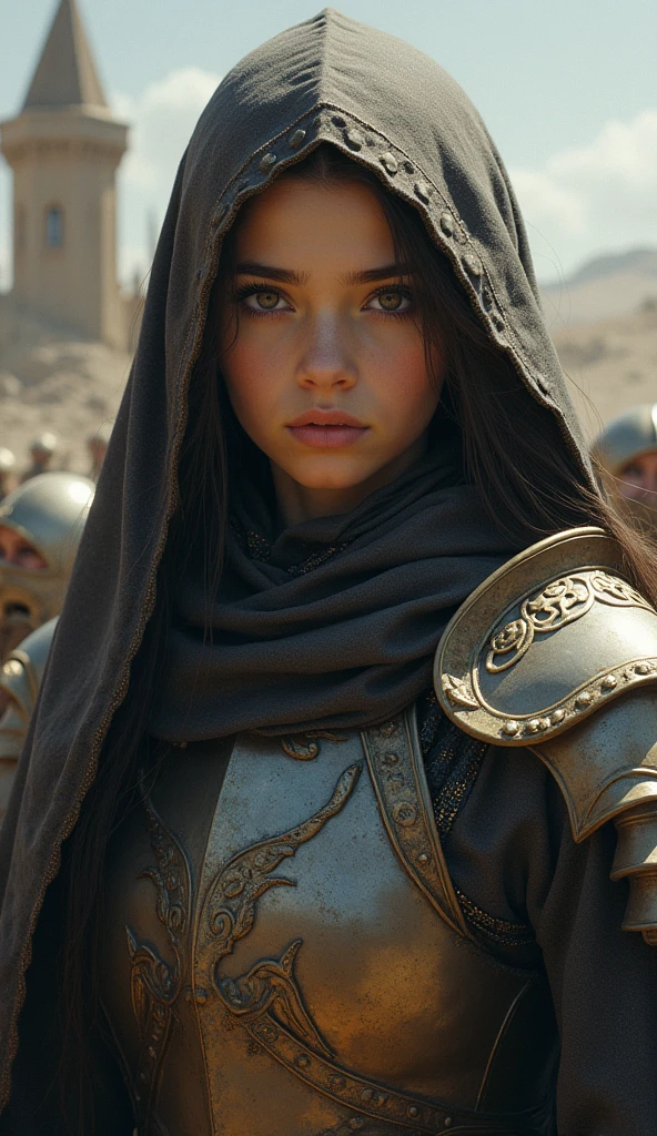 1girl, solo, photography, portrait of arabarmor girl with group of army in dune, shield, sword, realistic, absurdes, detailed, <lora:ARWArabArmor:1>
