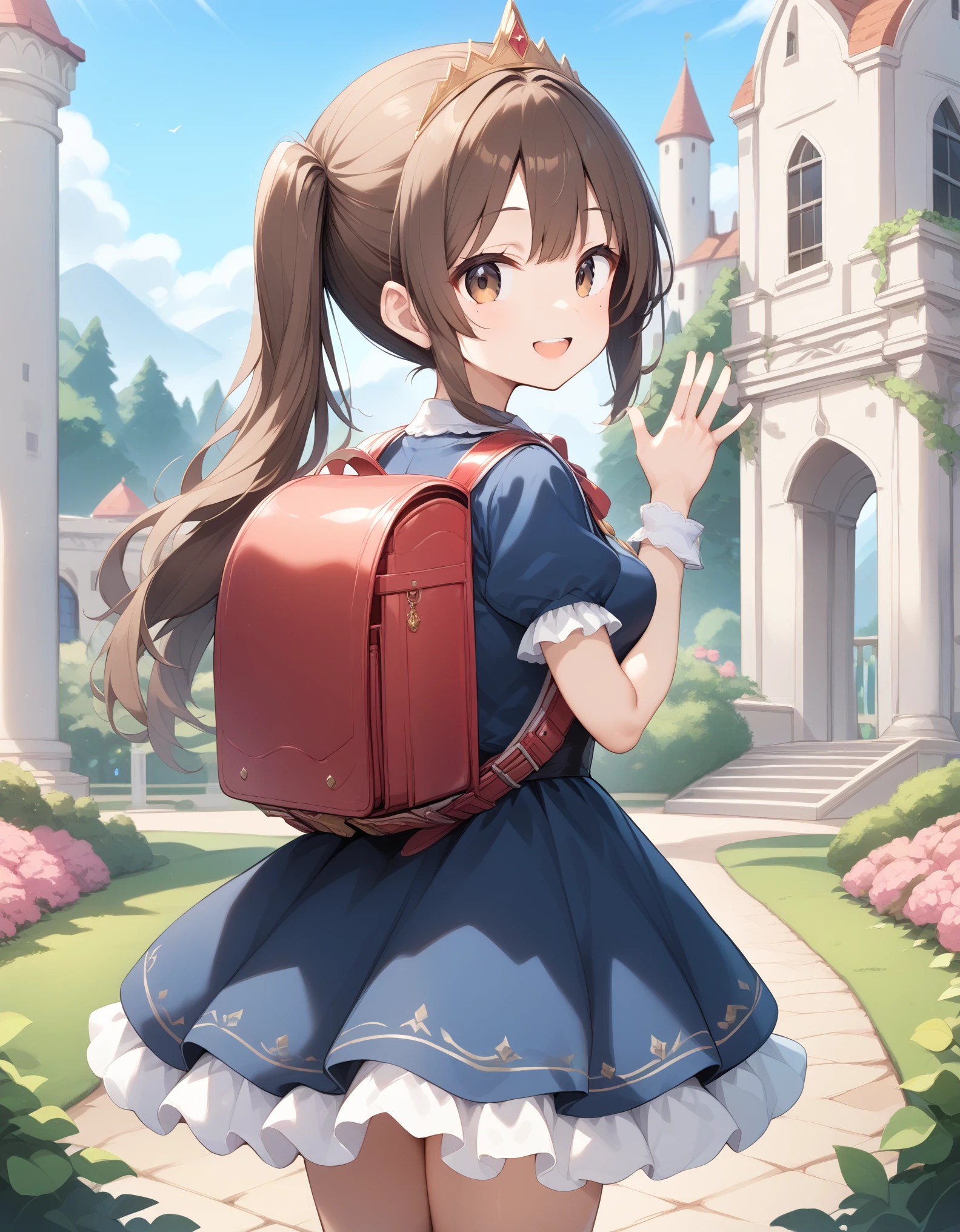 masterpiece, best quality, highres, 1girl, long hair, one side up, solo, ponytail,brown hair, masterpiece, best quality, highres, 1girl, , solo, brown hair, short hair, brown eyes, mole under eye, cowboy shot,, princess dress, princess Costume,bowtie, smile, (princess:1.2), frilled dress, tiara, castle, outdoor, garden, wearing randoseru backpack, (randoseru backpack:1.2), outdoor, day, back view, back body, backside, waving hands