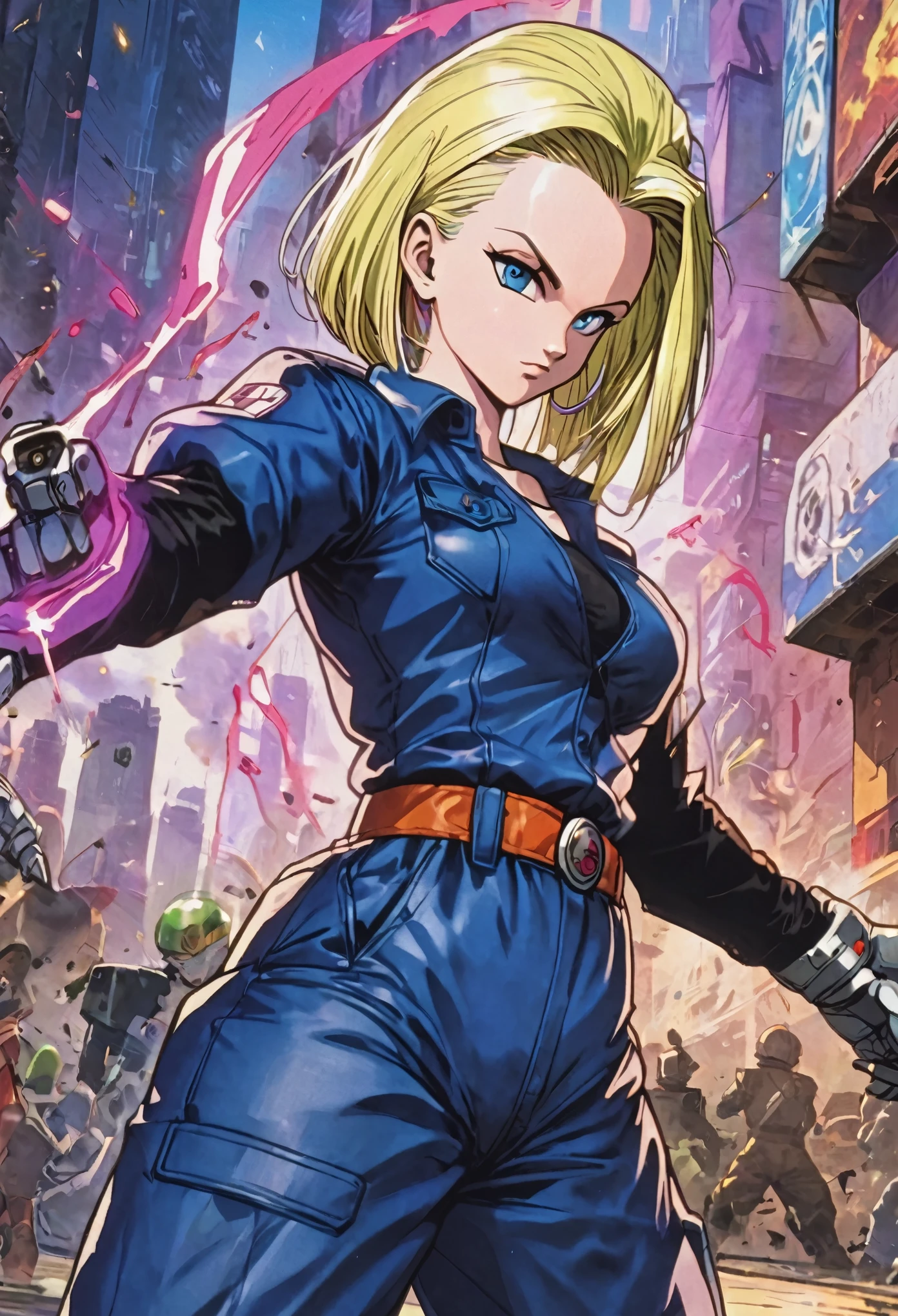 android 18, dragon ball, Cyberpunk uniform, sexy pose, mechanical right arm