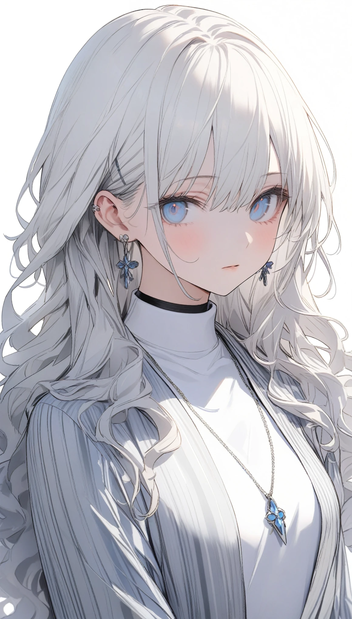 {{masterpiece}}, The best quality of life, Ultra-high resolution, Highest quality, 4K, 8k,Attention to detail,((White long hair、Wavy Hair Styles)) One Woman、Small breasts、((Perfect light blue eyes))(White turtleneck、Grey striped suit）、pendant、Small earrings ,((White background))、Expressionless、Upper Body、Watching Me