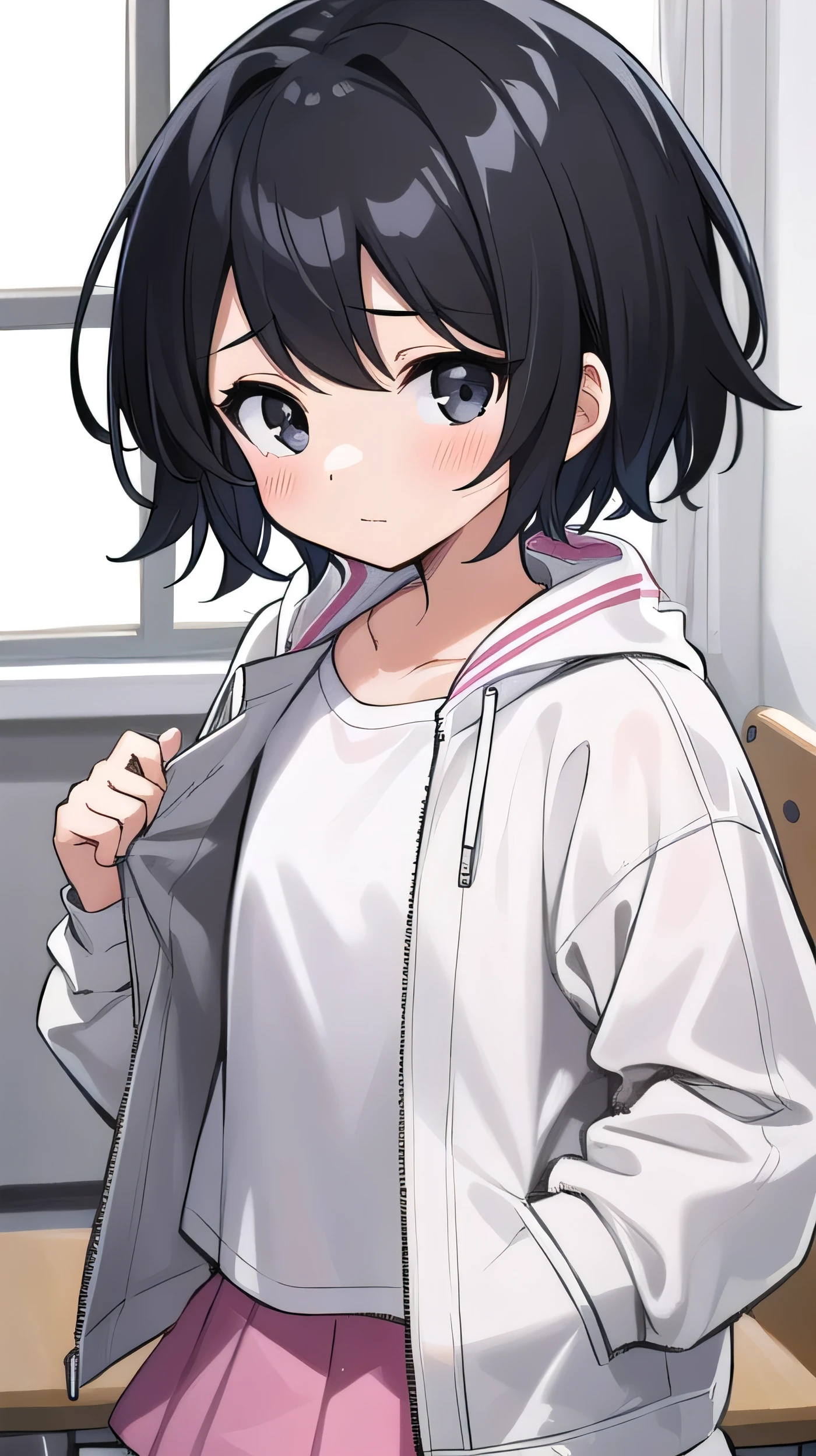 Black hair, short cut, kind face, modest personality, round head, sagging eyes, droopy eyes, girl, elementary school student, a little thin, jacket too big, white jacket, white T-shirt, pink miniskirt, black hair, bangs A little short, black eyes,