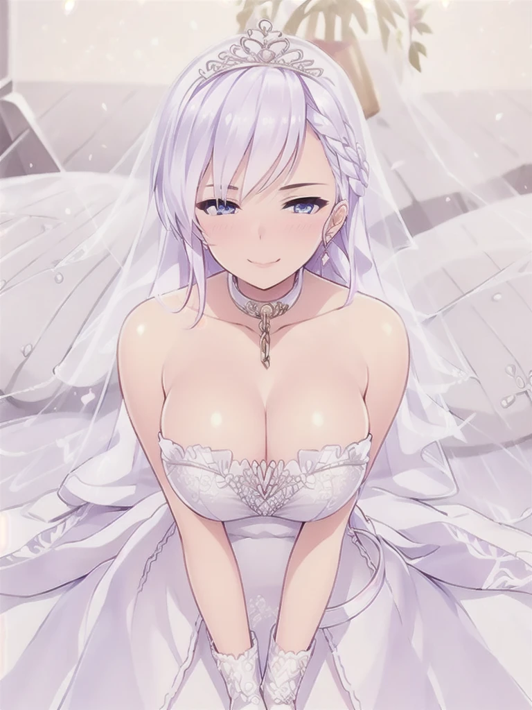 belfast \(azur lane\),((masterpiece)),(((best quality))),((ultra-detailed)),((illustration)),((disheveled hair)),((frills)),(1 girl), (masterpiece:1.2, top-quality, ultra high res, ultra detailed),(realistic, photorealistic:1.4),beautiful illustration,(natural side lighting, movie lighting),depth of fields,looking at viewer,bust photo,1 girl,,perfect face,(perfect anatomy),cute and symmetrical face,baby face,shiny skin,(long hair:1.5, half updo:1.5, silver hair ,ponytail),hair between eyes,pink lips,long eye lasher,(large breasts:1.3),beautiful hair,beautiful face,beautiful detailed eyes,beautiful clavicle,beautiful body,beautiful chest,beautiful thigh,beautiful legs,beautiful fingers,detailed cloth texture,wedding princess dress,head flower,headdress,(bandeau wedding dress:1.5),(silk dress:1.2),(strapless wedding dress:1.5),plain white dress,necklace,earring,cleavage,bouquet,(lace gloves:1.2),(bridal veil:1.2),(short transparent veil:1.2),(beautiful scenery),evening,(flower garden, cherry blossom, outside church) standing,(happy smile, blush), Blue eyes with highlights,silver long hair(delicate eyes),
