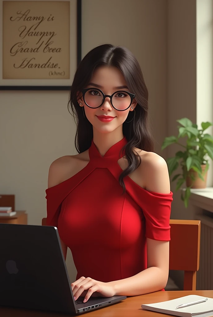 1 Asian woman, nude ,open legs, spread eagle, sitting on desk facing viewer, smiling, Beautiful Eyes and Face Details, Full Body, tight Red cropped t-shirt, Best Quality, Nude below waist, Office desk. Sunny day. Adult Oral Sex Posters on wall