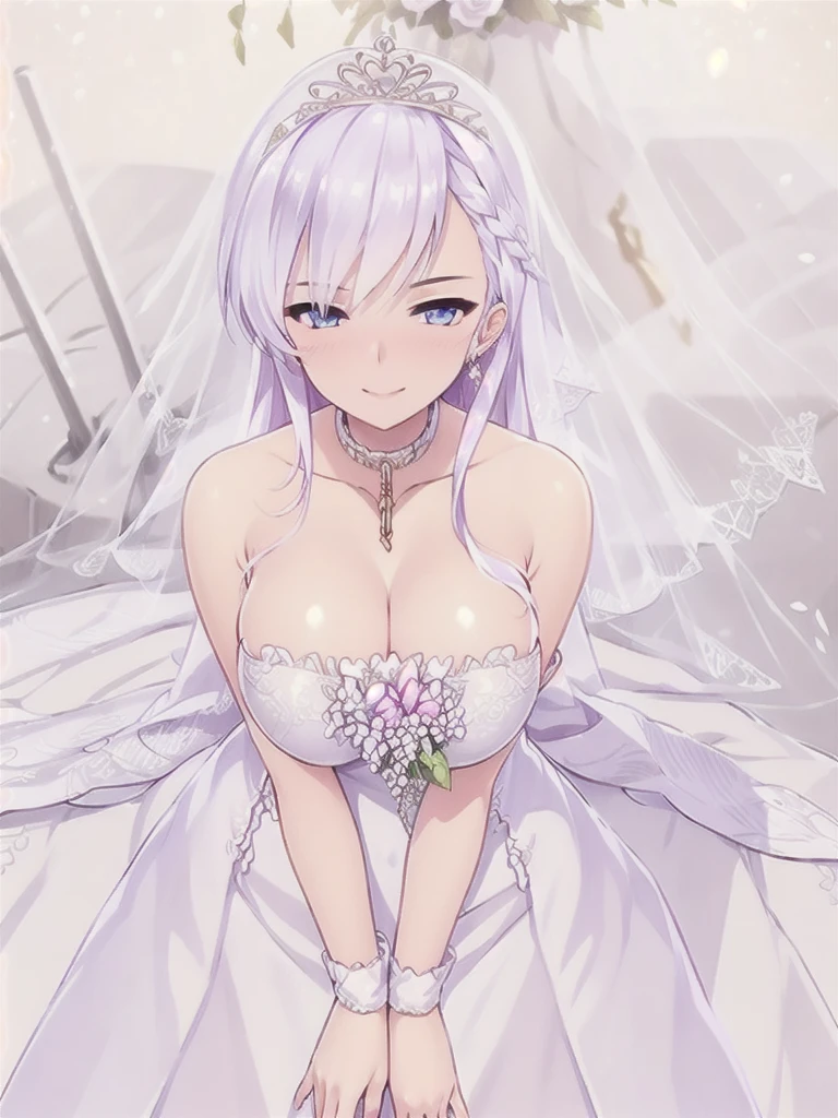 belfast \(azur lane\),((masterpiece)),(((best quality))),((ultra-detailed)),((illustration)),((disheveled hair)),((frills)),(1 girl), (masterpiece:1.2, top-quality, ultra high res, ultra detailed),(realistic, photorealistic:1.4),beautiful illustration,(natural side lighting, movie lighting),depth of fields,looking at viewer,bust photo,1 girl,,perfect face,(perfect anatomy),cute and symmetrical face,baby face,shiny skin,(long hair:1.5, half updo:1.5, silver hair ,ponytail),hair between eyes,pink lips,long eye lasher,(large breasts:1.3),beautiful hair,beautiful face,beautiful detailed eyes,beautiful clavicle,beautiful body,beautiful chest,beautiful thigh,beautiful legs,beautiful fingers,detailed cloth texture,wedding princess dress,head flower,headdress,(bandeau wedding dress:1.5),(silk dress:1.2),(strapless wedding dress:1.5),plain white dress,necklace,earring,cleavage,bouquet,(lace gloves:1.2),(bridal veil:1.2),(short transparent veil:1.2),(beautiful scenery),evening,(flower garden, cherry blossom, outside church) standing,(happy smile, blush), Blue eyes with highlights,silver long hair(delicate eyes),
