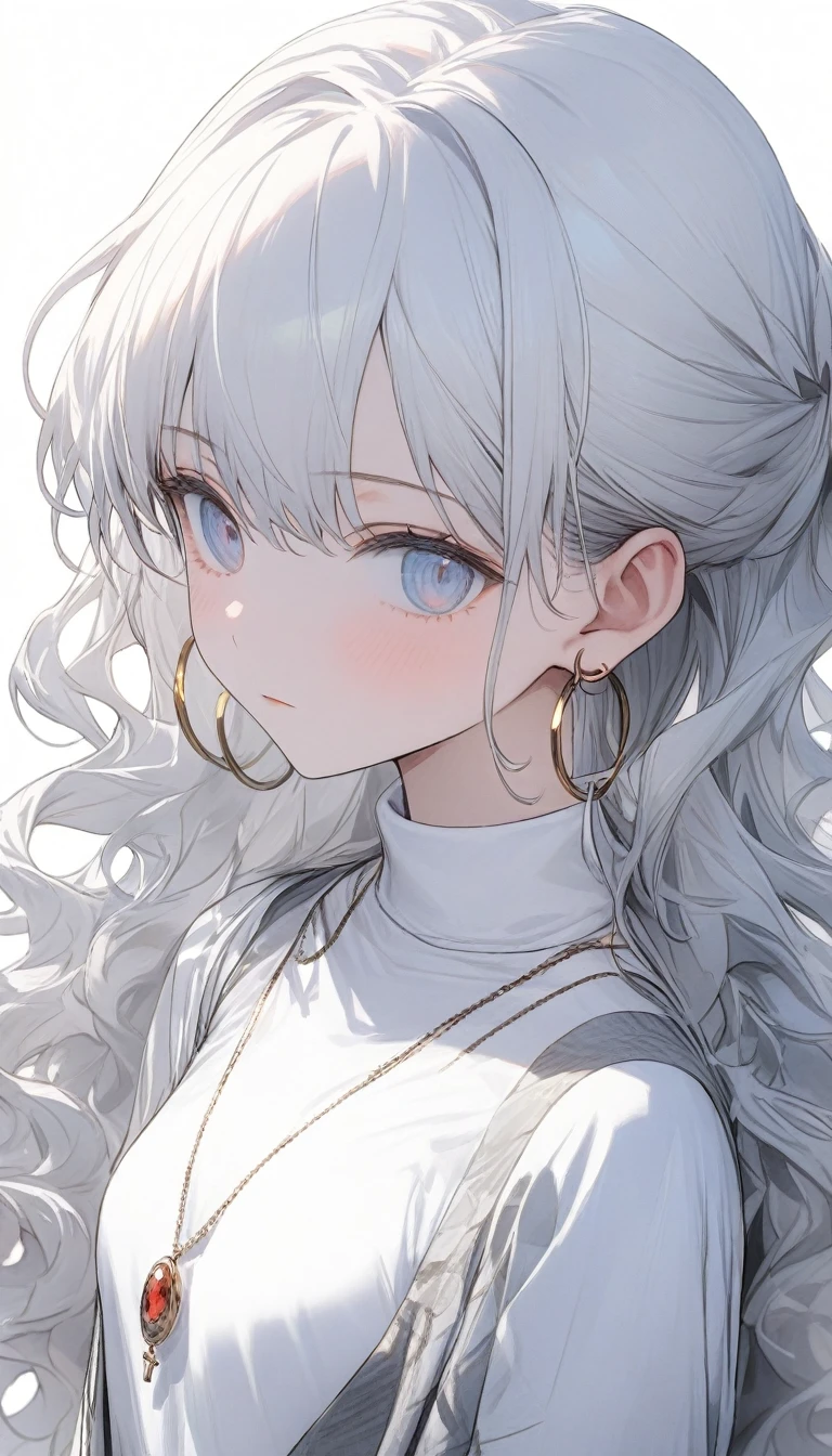 {{masterpiece}}, The best quality of life, Ultra-high resolution, Highest quality, 4K, 8k,Attention to detail,((White long hair、Wavy Hair Styles)) One Woman、Small breasts、((Perfect light blue eyes))(White turtleneck、Grey suit）、pendant、Hoop Earrings ,((White background))、Expressionless、Upper Body、Watching Me