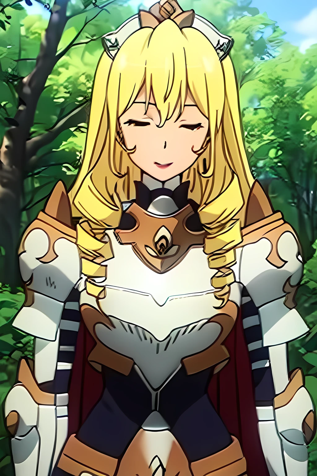 best quality, (masterpiece:1.2), highly detailed, 1girl, solo, medival, forest, bozes co palesti, standing, smile, closed mouth, looking at viewer, blonde hair, long hair, drill hair, brown eyes, lipstick, upper body, breastplate, shoulder armor, cape, tiara