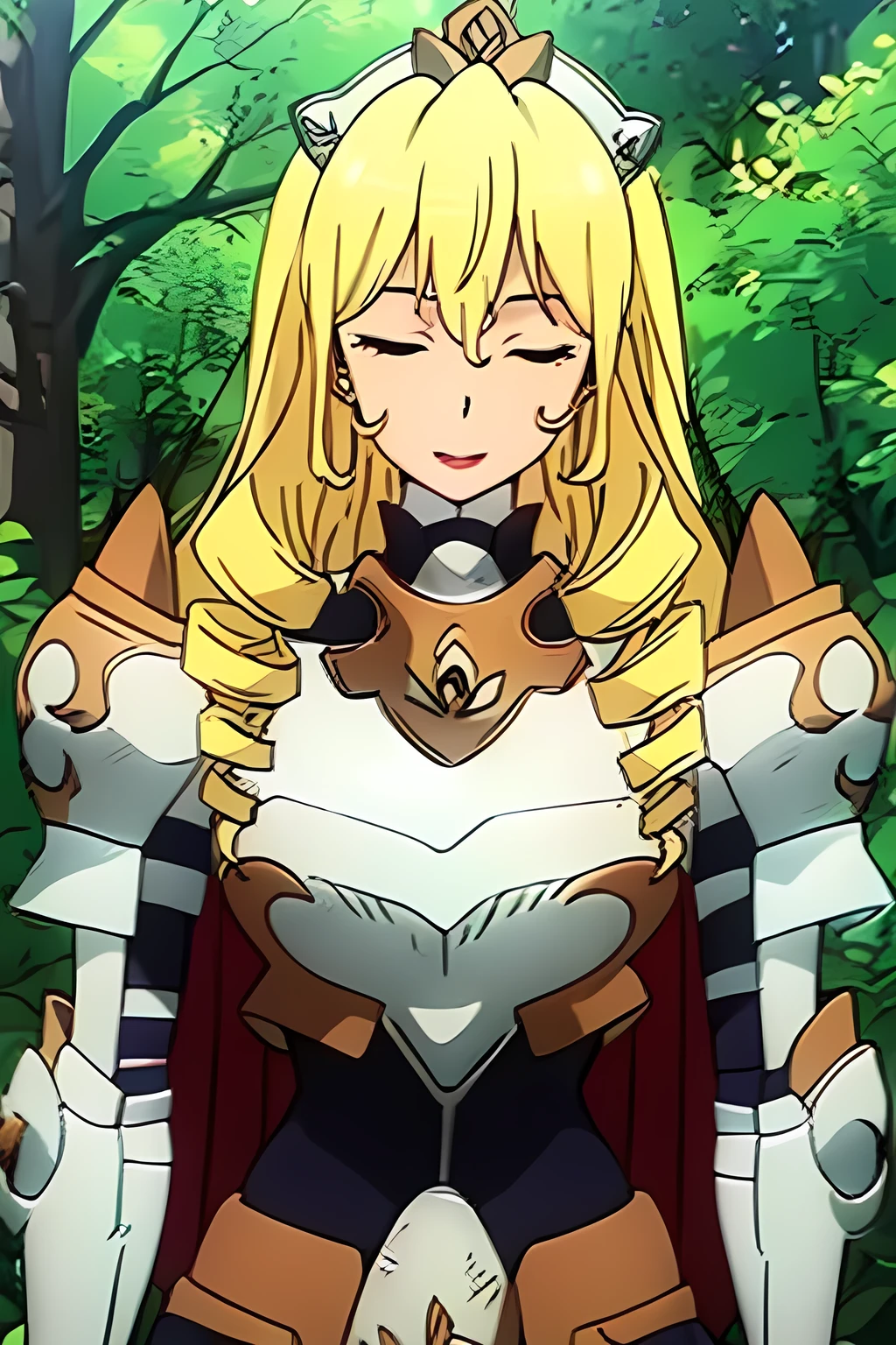 best quality, (masterpiece:1.2), highly detailed, 1girl, solo, medival, forest, bozes co palesti, standing, smile, closed mouth, looking at viewer, blonde hair, long hair, drill hair, brown eyes, lipstick, upper body, breastplate, shoulder armor, cape, tiara