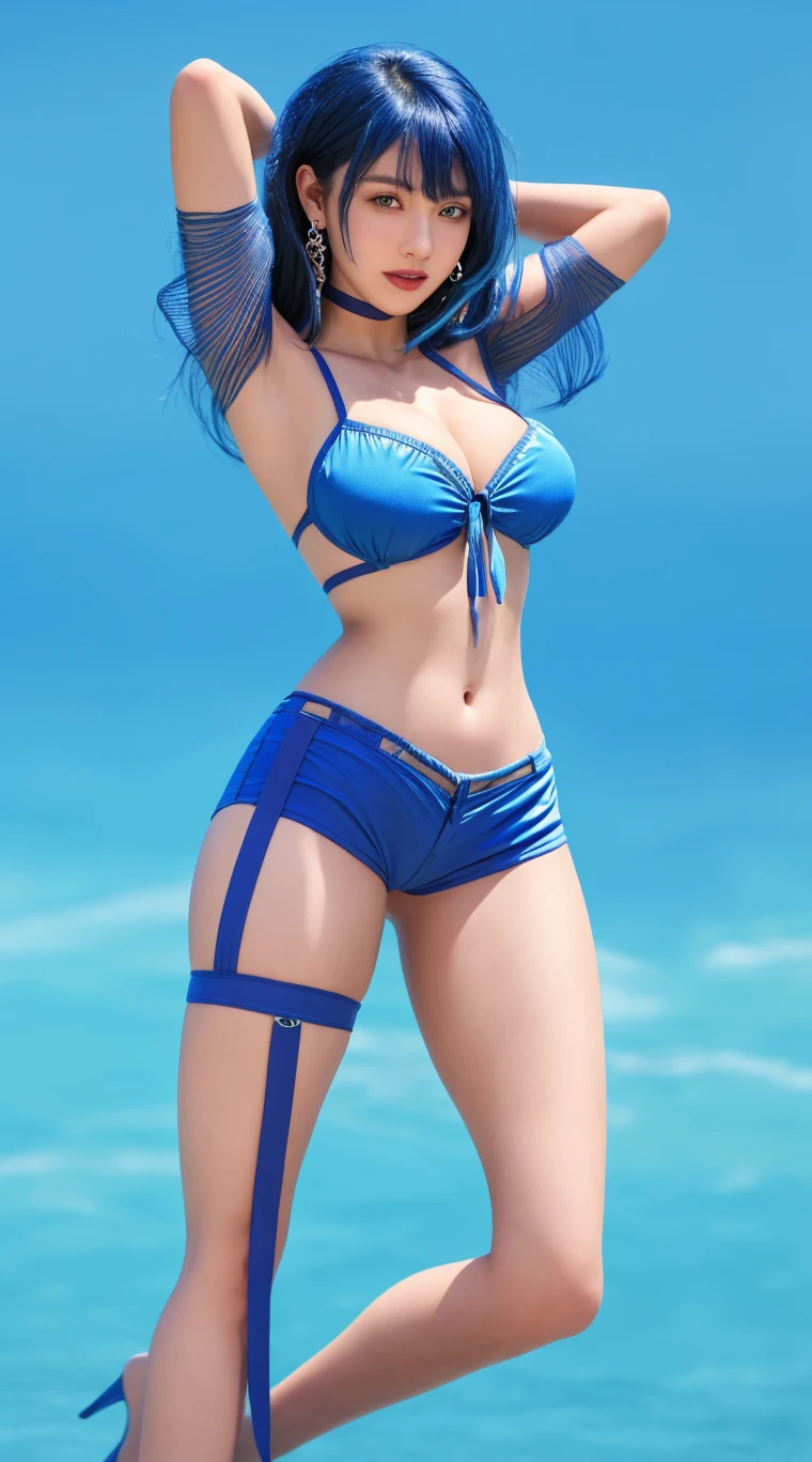 (best quality:1.3), (4k quality),(sharp image), Mei, ((Detailed face)), ((masterpiece face)),((perfect detailed eyes)) (blush), Mei, orange hair, long tied orange hair, green eyes, pink lips, pink lips, sly face, face with stern features, ((detailed face)), perfect face, highly detailed eyes, ((adult face)), masterpiece, absurdres , (intricate details), (colorful),cinematic lighting, extremely detailed CG unity 8k wallpaper , 1girl, solo, mature female, erected , fit body, cameltoe, ((seductive blue tight micro bikini))(((Bali beach))), fit slim body, standing in seductive pose