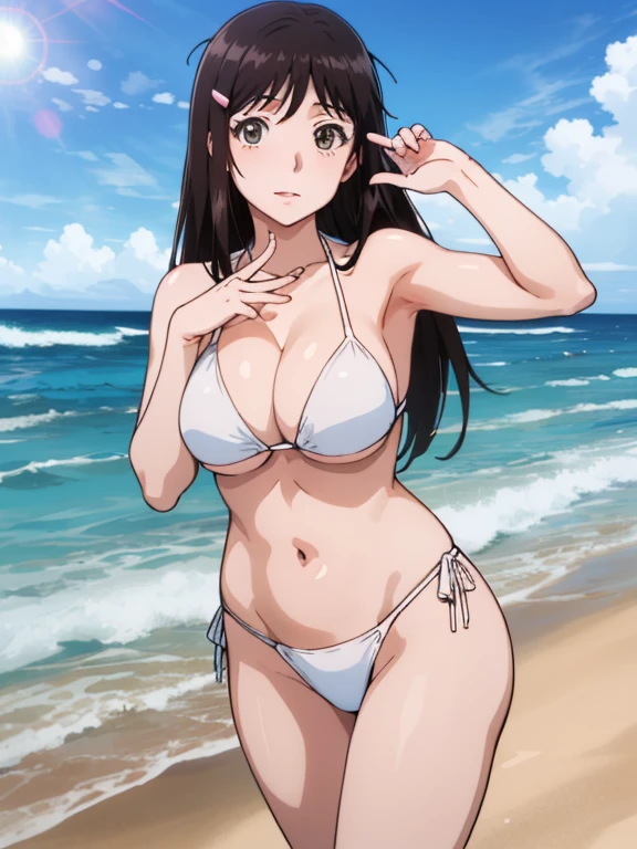 (Anime Style)、whole body、Long Hair、Black Hair、hairpin、(woman１people)、若いwoman、beautiful長い脚、beautiful体、beautiful鼻、Perfect Eyes、Perfect Face、Perfect Legs、Perfect balance、(beautiful、Large Breasts:1.3)、(beautiful顔:1.5)、(Tight waist)、Perfect lighting、colorful、Bright front light、Glowing Skin、 (masterpiece:1.0)、((High resolution))、((Highest quality))、(Normal hand)、(Five Fingers)、(Anatomically correct hand)、(Please write your hand correctly)、(Sunset Beach)、BREAK、((White Bikini))、Raise your hands、(In the sea)