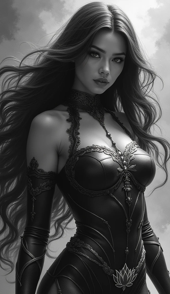 a beautiful black lotus girl, detailed facial features, long hair, super hero black lotus flower costume, powerful dynamic pose, black lotus hero logo, intricate floral details, chiaroscuro lighting, moody atmospheric, high quality pencil sketch with ink wash, digital art, 8k, high resolution, masterpiece, photorealistic, ultra-detailed