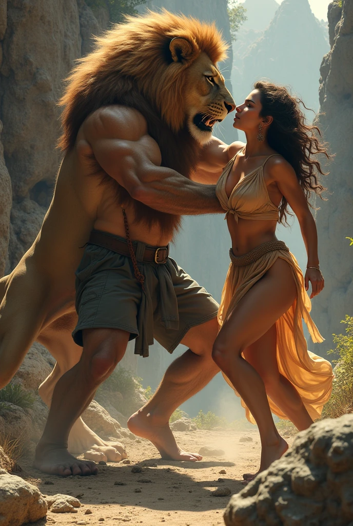 Couple together, Margot Robbie, beautiful, completely naked, very large breasts, standing in a river, long earrings, long dark brown flowing hair, boobs and pubic hair visible and, Conan the barbarian , handsome, long straight nose, robust, standing, tall, long hair tied in a bun, stubble beard, shirtless, holding her from behind, upper body image, waterfall in background, fog, front view , photorealistic, high resolution