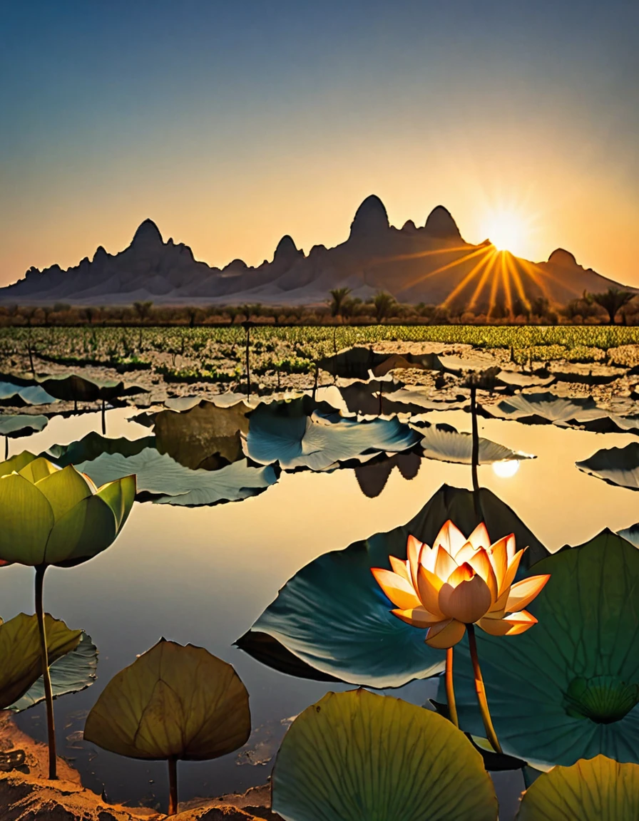 (masterpiece, best quality: 1.2),desert，1 lotus flower，sun,Ultra HD, masterpiece, High Detail, high quality, best quality, high resolution