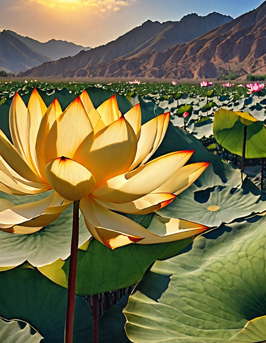 (masterpiece, best quality: 1.2),desert，1 lotus flower，sun,Ultra HD, masterpiece, High Detail, high quality, best quality, high resolution