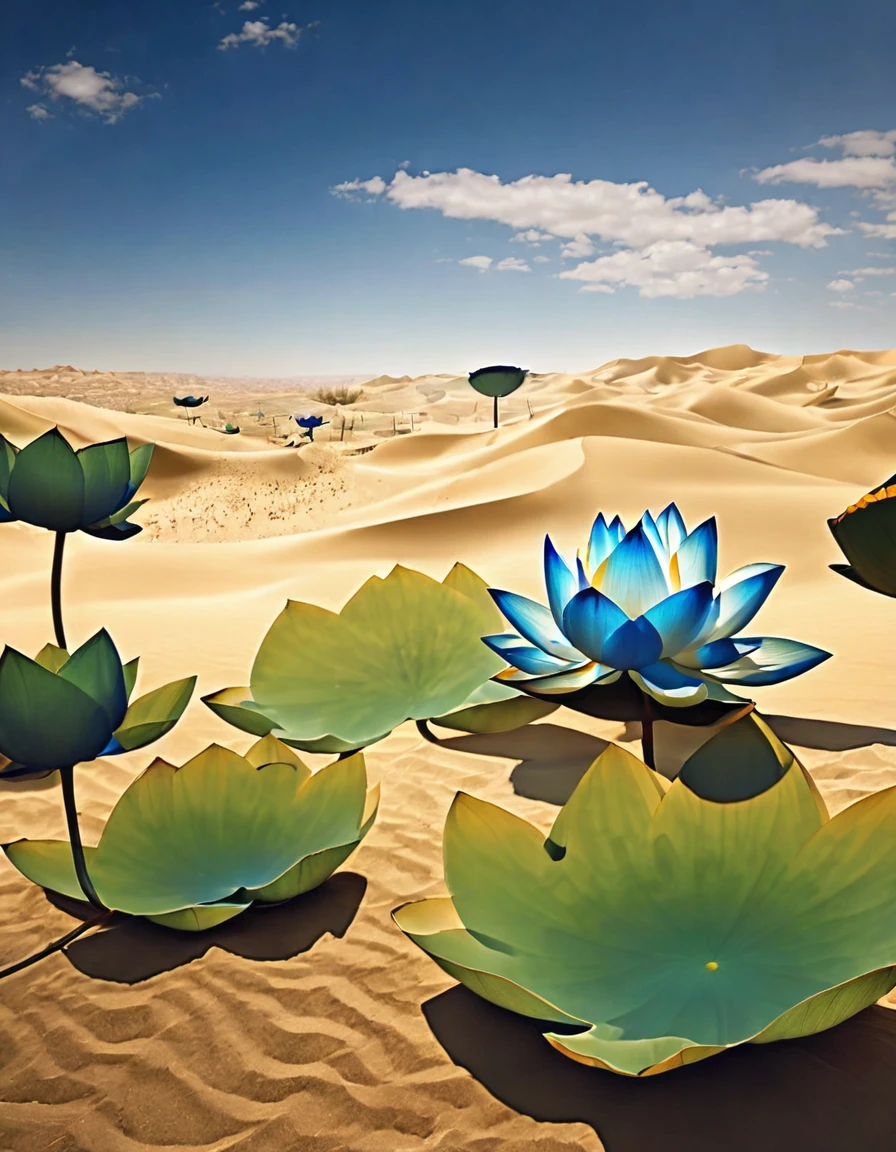 (masterpiece, best quality: 1.2),desert，1 lotus flower，sun,Ultra HD, masterpiece, High Detail, high quality, best quality, high resolution